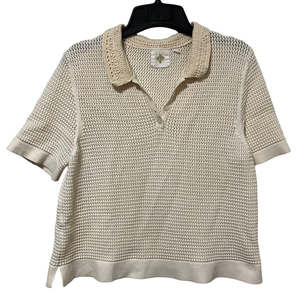 Anthropologie HWR Crochet Knit Collared Short Sleeve Top in Cream
